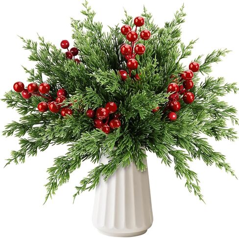 45 PCS Artificial Norfolk Pine Stems with Red Berries Decor, Christmas Greenery Branches for DIY Home, Office, Holiday Decor, Evergreen Cypress Plant for Indoor/Outdoor Floral Arrangements in Saudi Arabia