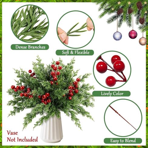 45 PCS Artificial Norfolk Pine Stems with Red Berries Decor, Christmas Greenery Branches for DIY Home, Office, Holiday Decor, Evergreen Cypress Plant for Indoor/Outdoor Floral Arrangements in Saudi Arabia