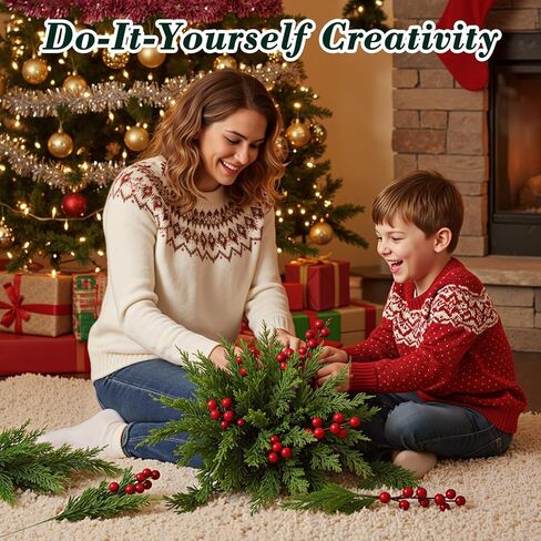 45 PCS Artificial Norfolk Pine Stems with Red Berries Decor, Christmas Greenery Branches for DIY Home, Office, Holiday Decor, Evergreen Cypress Plant for Indoor/Outdoor Floral Arrangements in Saudi Arabia