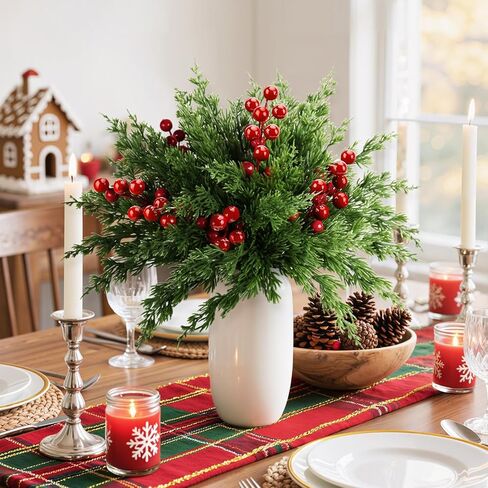 45 PCS Artificial Norfolk Pine Stems with Red Berries Decor, Christmas Greenery Branches for DIY Home, Office, Holiday Decor, Evergreen Cypress Plant for Indoor/Outdoor Floral Arrangements in Saudi Arabia