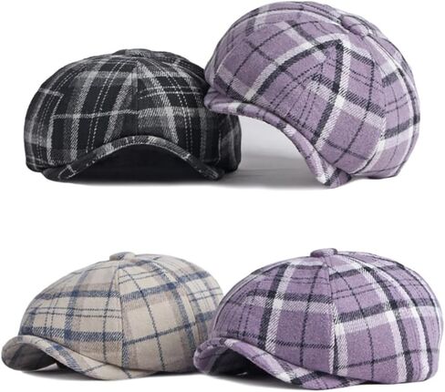 Unisex Checkered Newsboy Hats Purple Plaid Flat Cap Tweed 8 Panel Gatsby Cabbie Caps for Men Women Fall Winter in Saudi Arabia