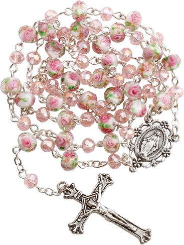 Pink Murano Glass and Crystal Rose Beads Catholic Rosary Necklace for Women with Virgin Mary PU Leather Bag in Saudi Arabia