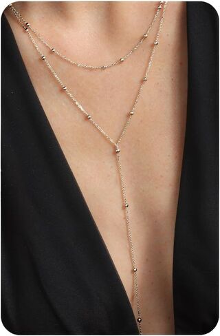 Magitaco Lariat Necklace for Women, 18K Gold Plated/Silver Color Dainty Long Necklaces for Women Layered Y-Necklace, Drop Beaded Sequined Chain for V-Neck, Elegant Wedding Guest Jewelry in Saudi Arabia