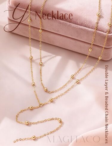 Magitaco Lariat Necklace for Women, 18K Gold Plated/Silver Color Dainty Long Necklaces for Women Layered Y-Necklace, Drop Beaded Sequined Chain for V-Neck, Elegant Wedding Guest Jewelry in Saudi Arabia