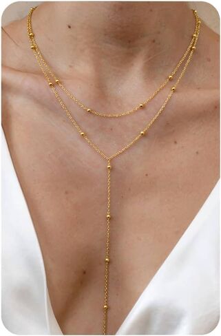 Magitaco Lariat Necklace for Women, 18K Gold Plated/Silver Color Dainty Long Necklaces for Women Layered Y-Necklace, Drop Beaded Sequined Chain for V-Neck, Elegant Wedding Guest Jewelry in Saudi Arabia