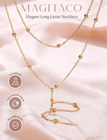 Magitaco Lariat Necklace for Women, 18K Gold Plated/Silver Color Dainty Long Necklaces for Women Layered Y-Necklace, Drop Beaded Sequined Chain for V-Neck, Elegant Wedding Guest Jewelry in Saudi Arabia