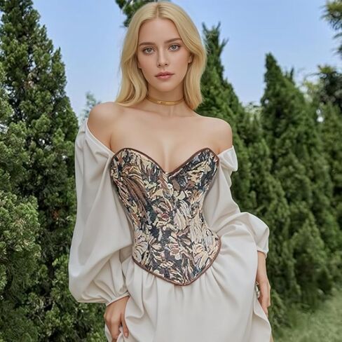 Women's Vintage Floral Denim Overbust Corset Boned Bustier Strapless Sexy Shapewear for Renaissance in Saudi Arabia