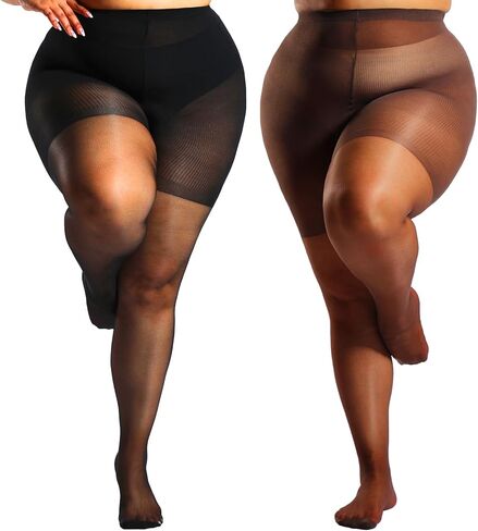 Plus Size Tights for Women, 2 Pairs Control Top Pantyhose with Reinforced Toes, Sexy Nylon Stockings in Saudi Arabia