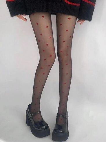 1 Pair Women's Skin-Friendly Breathable Ultra-Thin Black & Red Heart Motif Pantyhose in Saudi Arabia