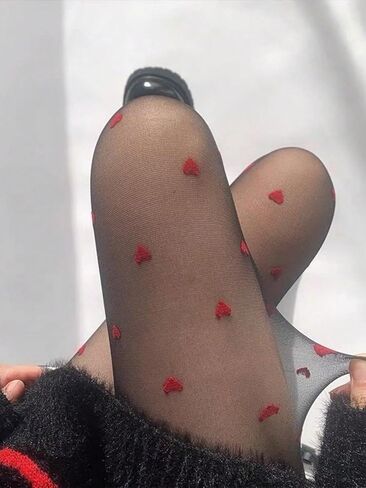 1 Pair Women's Skin-Friendly Breathable Ultra-Thin Black & Red Heart Motif Pantyhose in Saudi Arabia