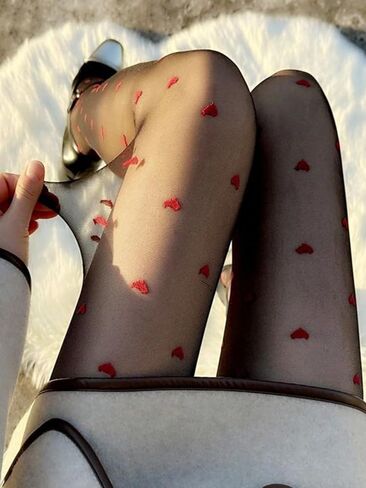 1 Pair Women's Skin-Friendly Breathable Ultra-Thin Black & Red Heart Motif Pantyhose in Saudi Arabia