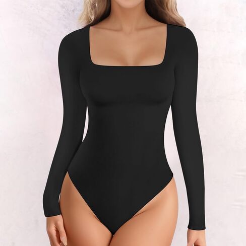 1-Pack Black Long Sleeve Bodysuit for Women, Square Neck, Slim Fitted Cotton Blend Top in Saudi Arabia