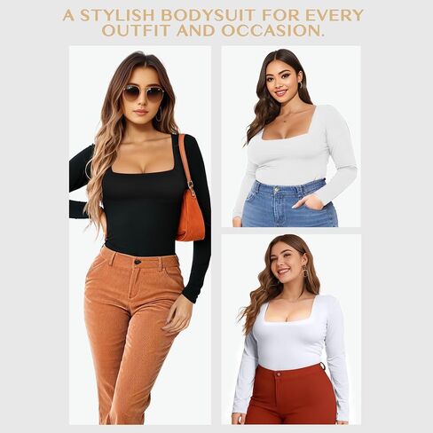 1-Pack Black Long Sleeve Bodysuit for Women, Square Neck, Slim Fitted Cotton Blend Top in Saudi Arabia