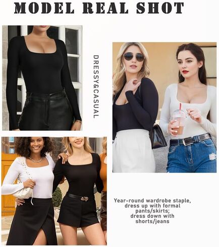 1-Pack Black Long Sleeve Bodysuit for Women, Square Neck, Slim Fitted Cotton Blend Top in Saudi Arabia