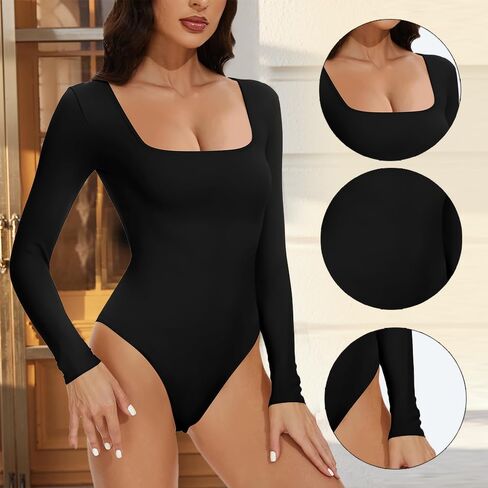 1-Pack Black Long Sleeve Bodysuit for Women, Square Neck, Slim Fitted Cotton Blend Top in Saudi Arabia