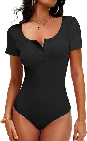 ANRABESS Bodysuits for Women short sleeve Tops Henley Scoop Neck Slim Fit Ribbed Knit Soft Basic Shirts 2026 Summer Outfits in Saudi Arabia