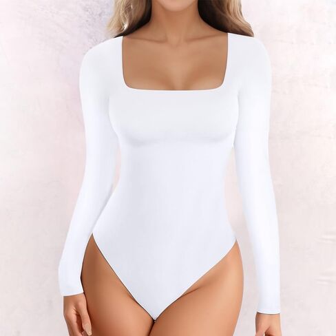1-Pack Black Long Sleeve Bodysuit for Women, Square Neck, Slim Fitted Cotton Blend Top in Saudi Arabia