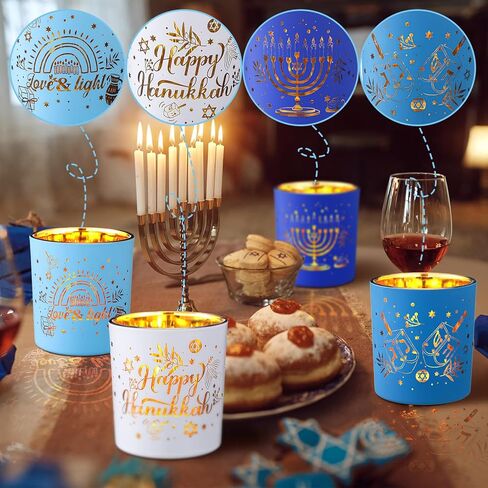 Happy Hanukkah Menorah Candle Holder Set of 4, Hanukkah Decorations Tea Light Votive Candle Holders for Table Jewish Holiday Party Favors and Gifts in Saudi Arabia