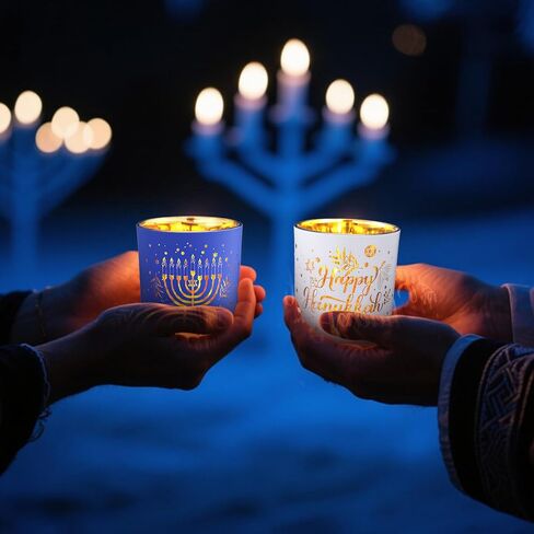 Happy Hanukkah Menorah Candle Holder Set of 4, Hanukkah Decorations Tea Light Votive Candle Holders for Table Jewish Holiday Party Favors and Gifts in Saudi Arabia