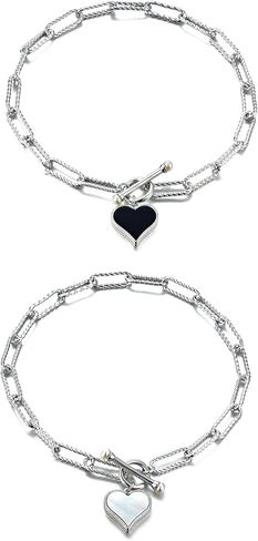 925 Sterling Silver Toggle Bracelet with Heart Charm Black Onyx & White Shell, Bracelet for Women, Girlfriend, Wife, Perfect Gift for Loved Ones in Saudi Arabia