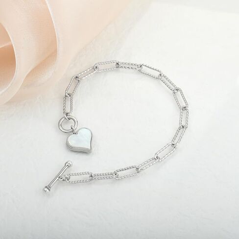 925 Sterling Silver Toggle Bracelet with Heart Charm Black Onyx & White Shell, Bracelet for Women, Girlfriend, Wife, Perfect Gift for Loved Ones in Saudi Arabia
