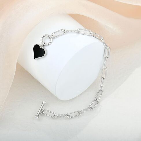 925 Sterling Silver Toggle Bracelet with Heart Charm Black Onyx & White Shell, Bracelet for Women, Girlfriend, Wife, Perfect Gift for Loved Ones in Saudi Arabia