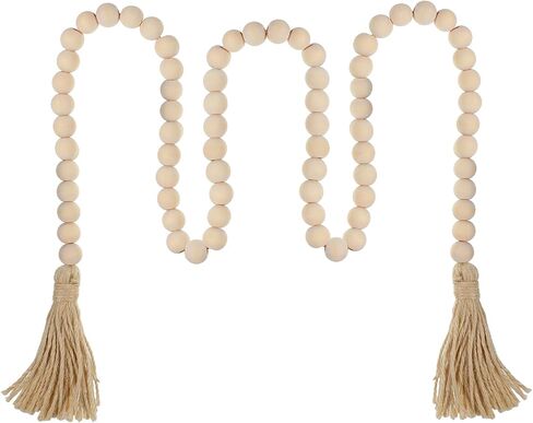 Farmhouse Beads 59 Inch Wood Bead Garland, Decorative Beads Boho Decor with Tassels Wall Hanging Home Decor Rustic Country Decoration Prayer Bead for Dining Table, Shelf, Bedroom (Natural) in Saudi Arabia