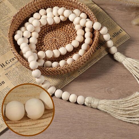 Farmhouse Beads 59 Inch Wood Bead Garland, Decorative Beads Boho Decor with Tassels Wall Hanging Home Decor Rustic Country Decoration Prayer Bead for Dining Table, Shelf, Bedroom (Natural) in Saudi Arabia