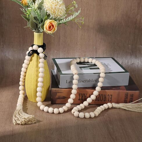 Farmhouse Beads 59 Inch Wood Bead Garland, Decorative Beads Boho Decor with Tassels Wall Hanging Home Decor Rustic Country Decoration Prayer Bead for Dining Table, Shelf, Bedroom (Natural) in Saudi Arabia