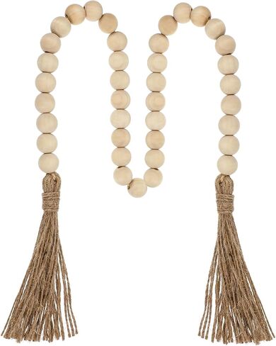 Farmhouse Beads 59 Inch Wood Bead Garland, Decorative Beads Boho Decor with Tassels Wall Hanging Home Decor Rustic Country Decoration Prayer Bead for Dining Table, Shelf, Bedroom (Natural) in Saudi Arabia