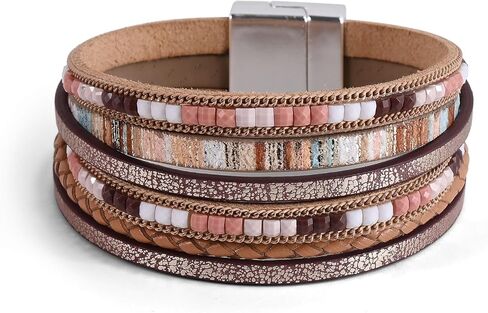 أساور ملفوفة للنساء، سوار جلدي، أساور بوهو للنساء، سوار كريستال لؤلؤي متعدد الطبقات مجوهرات in Kuwait