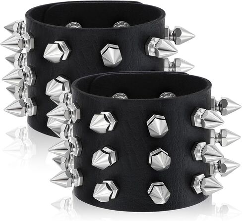 2 Pcs Studded Bracelet Gothic Punk Rock Spiked Bracelets Exaggerated Black Leather Rivet Wristband Adjustable Wrap Wide Strap Button Metal Wristband for Halloween Party Decor Men Women in Kuwait