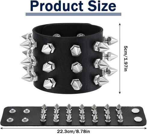2 Pcs Studded Bracelet Gothic Punk Rock Spiked Bracelets Exaggerated Black Leather Rivet Wristband Adjustable Wrap Wide Strap Button Metal Wristband for Halloween Party Decor Men Women in Kuwait