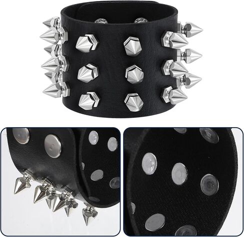 2 Pcs Studded Bracelet Gothic Punk Rock Spiked Bracelets Exaggerated Black Leather Rivet Wristband Adjustable Wrap Wide Strap Button Metal Wristband for Halloween Party Decor Men Women in Kuwait