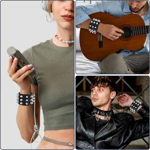 2 Pcs Studded Bracelet Gothic Punk Rock Spiked Bracelets Exaggerated Black Leather Rivet Wristband Adjustable Wrap Wide Strap Button Metal Wristband for Halloween Party Decor Men Women in Kuwait