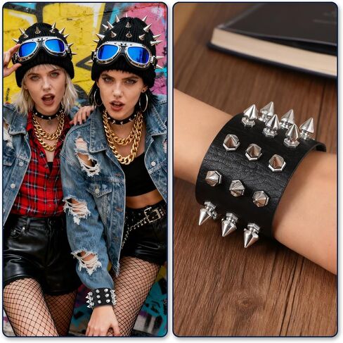 2 Pcs Studded Bracelet Gothic Punk Rock Spiked Bracelets Exaggerated Black Leather Rivet Wristband Adjustable Wrap Wide Strap Button Metal Wristband for Halloween Party Decor Men Women in Kuwait