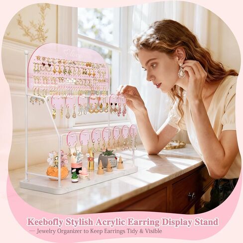Keebofly Earring Organizer Stand for Girls, Kids, Teens, Acrylic Earring Holder Display with 300 Holes 14 Hook – Jewelry Organizer Vanity Desk Stores Studs/Hoops/Dangles/Necklaces/Bracelets Pink in Saudi Arabia