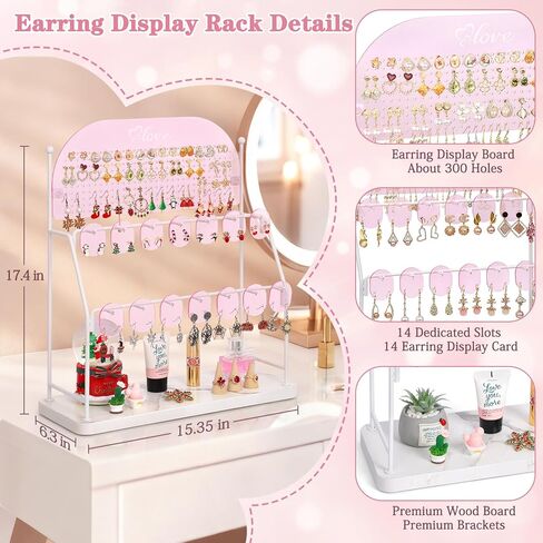 Keebofly Earring Organizer Stand for Girls, Kids, Teens, Acrylic Earring Holder Display with 300 Holes 14 Hook – Jewelry Organizer Vanity Desk Stores Studs/Hoops/Dangles/Necklaces/Bracelets Pink in Saudi Arabia