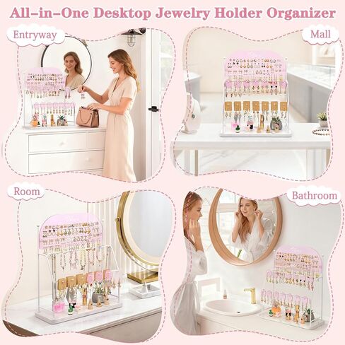 Keebofly Earring Organizer Stand for Girls, Kids, Teens, Acrylic Earring Holder Display with 300 Holes 14 Hook – Jewelry Organizer Vanity Desk Stores Studs/Hoops/Dangles/Necklaces/Bracelets Pink in Saudi Arabia