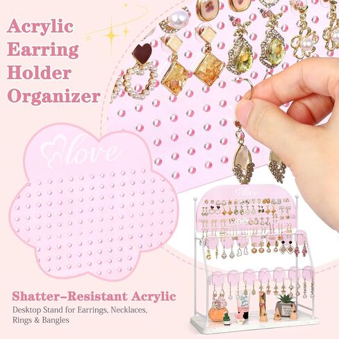 Keebofly Earring Organizer Stand for Girls, Kids, Teens, Acrylic Earring Holder Display with 300 Holes 14 Hook – Jewelry Organizer Vanity Desk Stores Studs/Hoops/Dangles/Necklaces/Bracelets Pink in Saudi Arabia