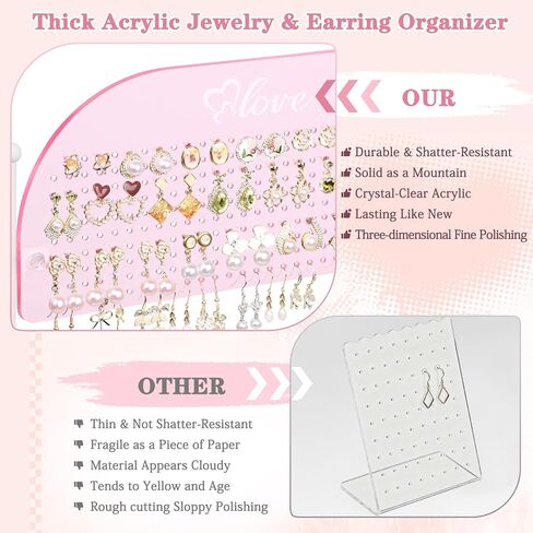 Keebofly Earring Organizer Stand for Girls, Kids, Teens, Acrylic Earring Holder Display with 300 Holes 14 Hook – Jewelry Organizer Vanity Desk Stores Studs/Hoops/Dangles/Necklaces/Bracelets Pink in Saudi Arabia