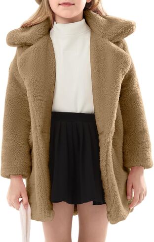 Wyeysyt Girls Faux Fur Fleece Jacket Toddler Kids Long Winter Warm Coat Fuzzy Button Down Coat with Pockets in Saudi Arabia
