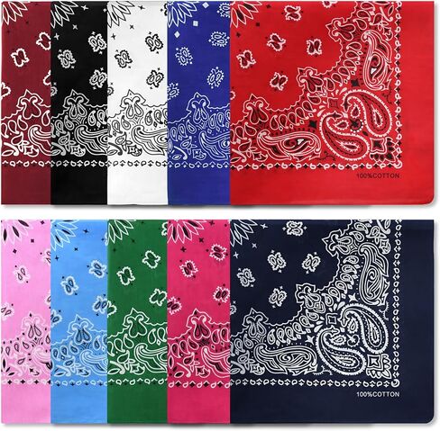 10PCS Mixed Color Paisley 22X22 Inchs Denim Bandana Set - Unisex, 100% Cotton Square Bandanas for Men & Women in Saudi Arabia