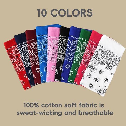 10PCS Mixed Color Paisley 22X22 Inchs Denim Bandana Set - Unisex, 100% Cotton Square Bandanas for Men & Women in Saudi Arabia