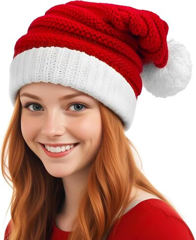 Hikkcos Knit Santa Hat Christmas Santa Hat with Pompom Red Beanie for Women Xmas Winter Christmas New Year Gifts in Saudi Arabia