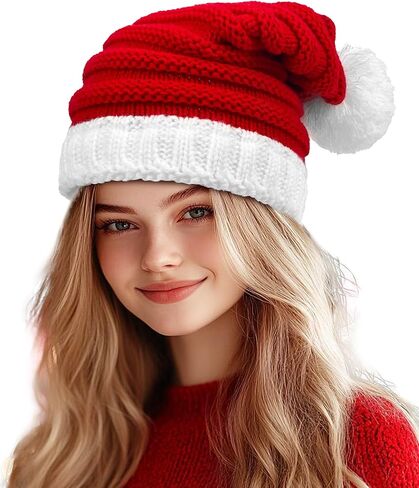 Hikkcos Knit Santa Hat Christmas Santa Hat with Pompom Red Beanie for Women Xmas Winter Christmas New Year Gifts in Saudi Arabia