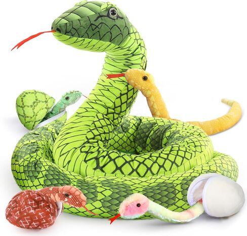 MorisMos Giant Snake Stuffed Animal Mommy with Babies, Realistic Stuffed Snakes Plush Toy, 80" Long Green Boa Constrictor for Kids, Girls, Boys, Halloween, 3 Snake Babies, 2 Snake Eggs in Saudi Arabia