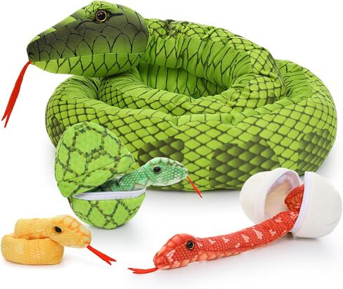 MorisMos Giant Snake Stuffed Animal Mommy with Babies, Realistic Stuffed Snakes Plush Toy, 80" Long Green Boa Constrictor for Kids, Girls, Boys, Halloween, 3 Snake Babies, 2 Snake Eggs in Saudi Arabia