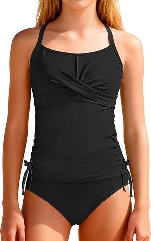 ملابس سباحة للفتيات بأشرطة قابلة للتعديل مكونة من قطعتين طقم تانكيني متقاطع ورباط مكشكش في سن المراهقة لباس سباحة للفتيات 9-16 سنة in Kuwait