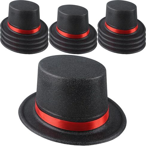 12 Pack Adults Top Hats Bulk Black Glitter Top Hat with Red Band Plastic Magician Hat for Men Women Dress Up Supply in Saudi Arabia